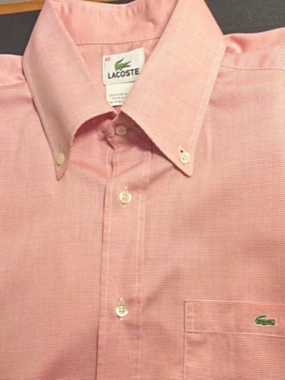 Lacoste Men's Pink/White Striped Button-Down Collared Dress Shirt 40